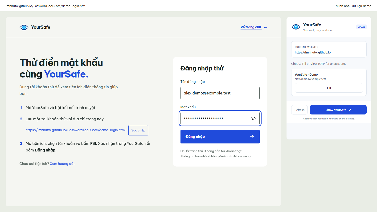 Trang đăng nhập thử YourSafe với mật khẩu được che, cạnh popup tiện ích có tài khoản demo phù hợp.