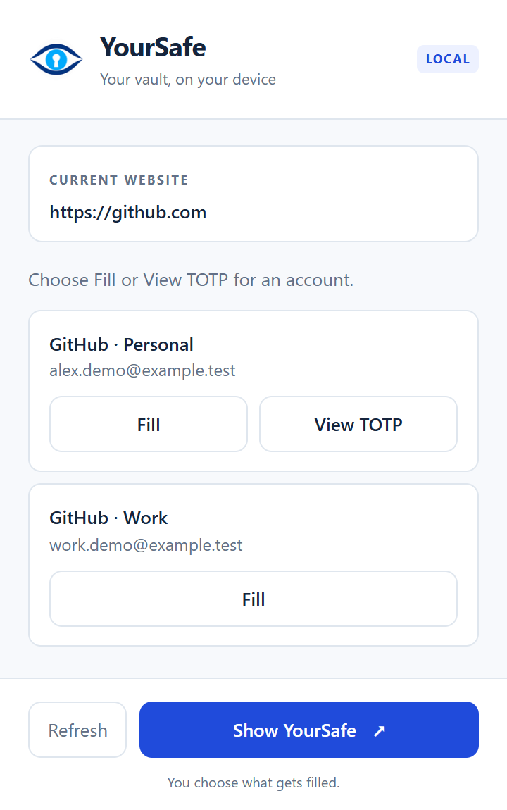 Tiện ích YourSafe hiển thị các tài khoản phù hợp với website.